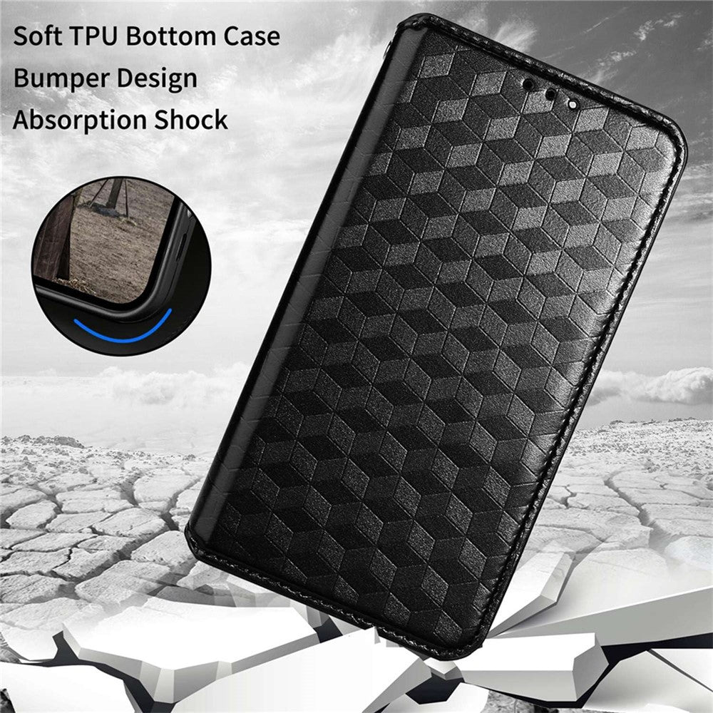For Oppo A57 4G / A57s 4G / A57 (2022) 5G / A77 5G Magnetic Absorption Imprinting Rhombus Pattern PU Leather Stand Wallet Case Cover