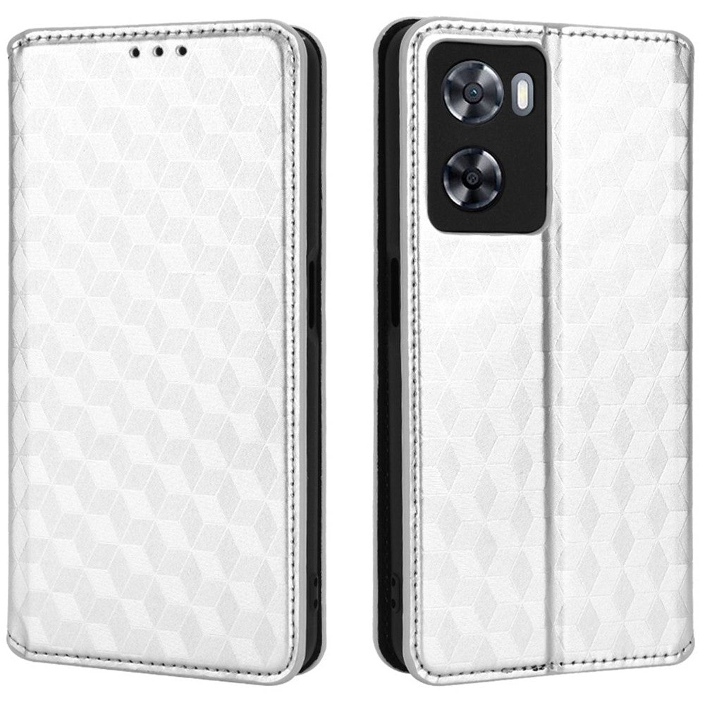 For Oppo A57 4G / A57s 4G / A57 (2022) 5G / A77 5G Magnetic Absorption Imprinting Rhombus Pattern PU Leather Stand Wallet Case Cover