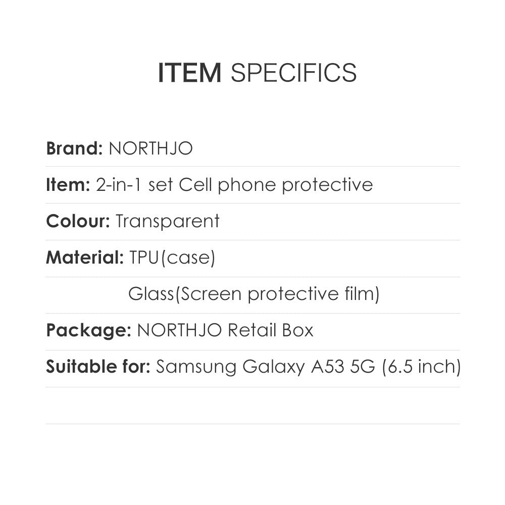 NORTHJO til Samsung Galaxy A53 5G Superklart TPU telefoncover med skærmbeskytter i hærdet glas