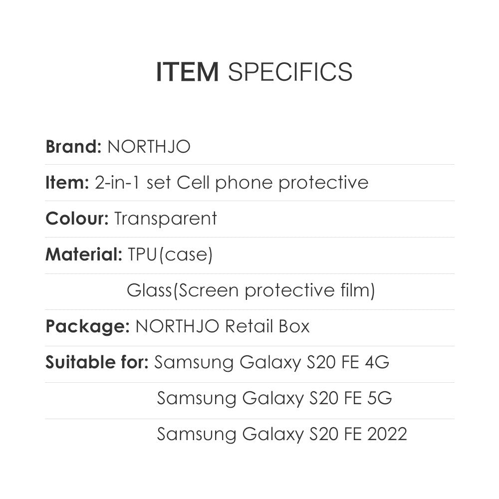 NORTHJO För Samsung Galaxy S20 FE 4G / 5G / 2022 / S20 Lite TPU Genomskinligt mobilskal med 9H Hårdhet Härdat Glas Skärmskydd