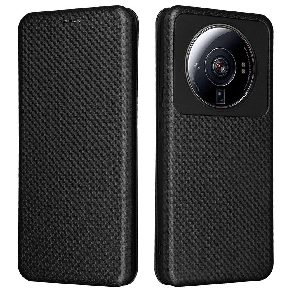 For Xiaomi 12S Ultra 5G Magnetic Carbon Fiber Texture Phone Case Stand Anti-scratch PU Leather Cover with Card Slot