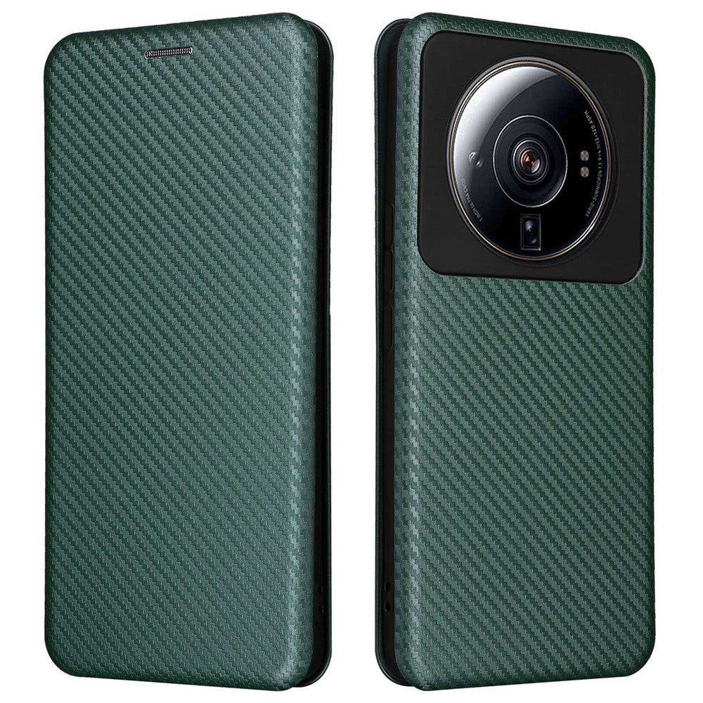 Xiaomi 12S Ultra 5G Magnetisk Kolfibertextur mobilskal Stativ Reptåligt PU-läderfodral med Kortplats