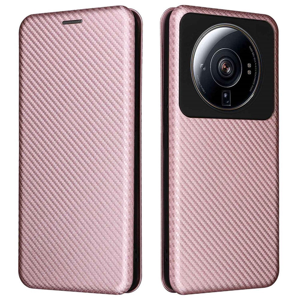 Xiaomi 12S Ultra 5G Magnetisk Kolfibertextur mobilskal Stativ Reptåligt PU-läderfodral med Kortplats