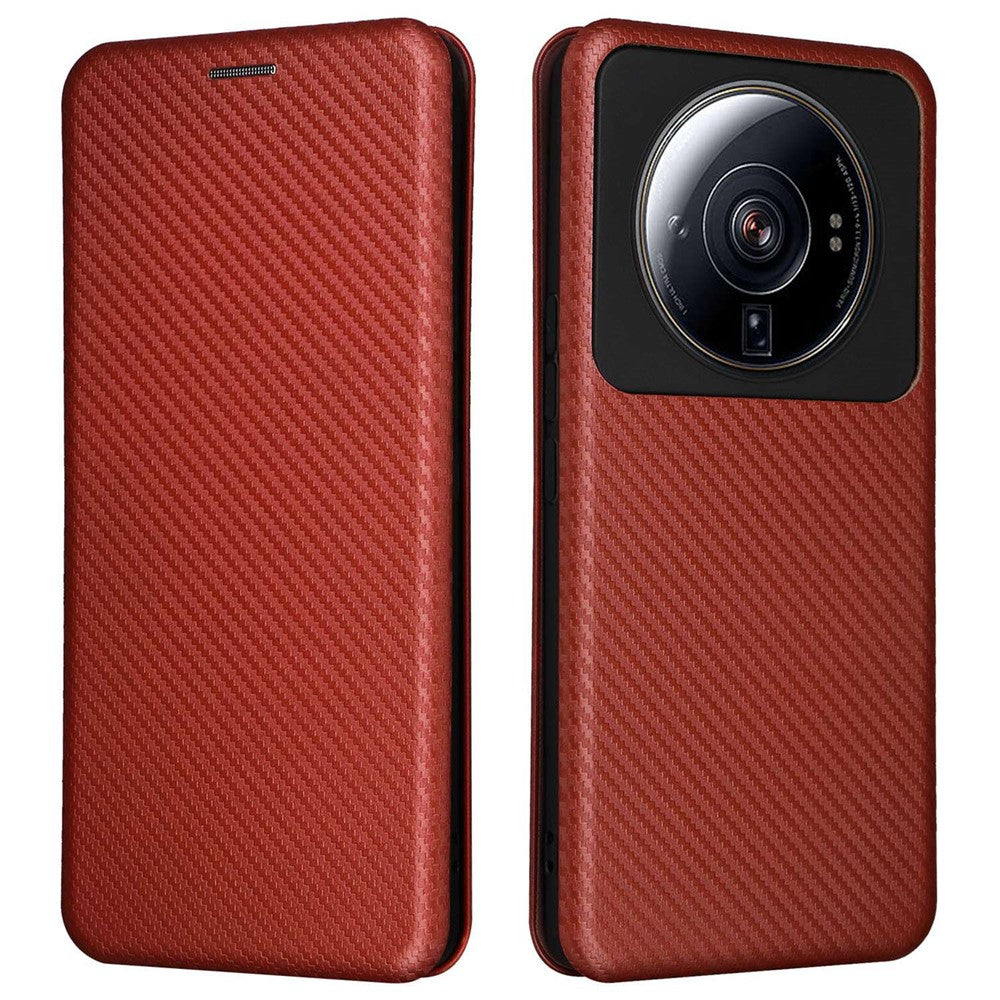 Xiaomi 12S Ultra 5G Magnetisk Kolfibertextur mobilskal Stativ Reptåligt PU-läderfodral med Kortplats