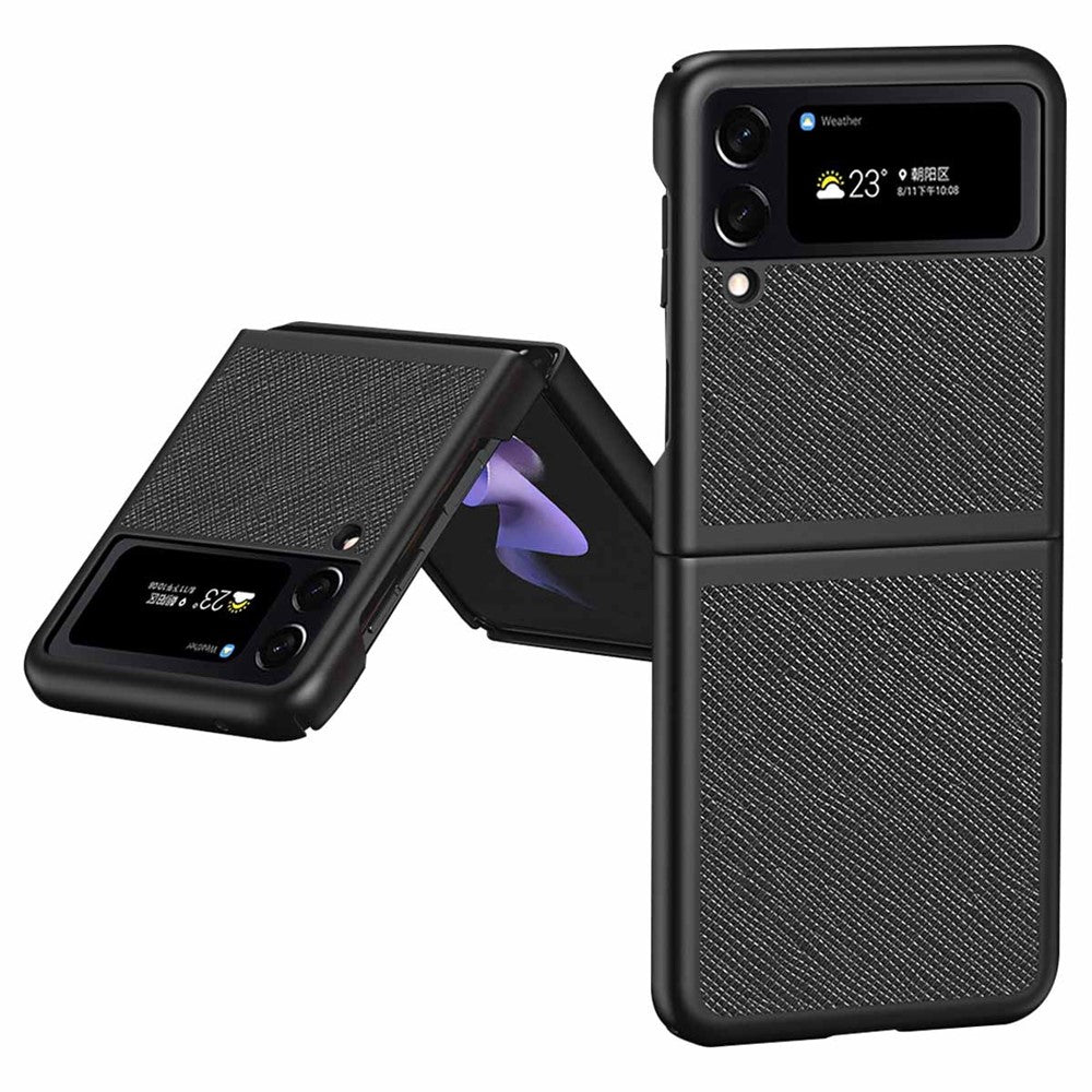 For Samsung Galaxy Z Flip4 5G Anti-scratch Cross Texture Phone Case Rubberized PU Leather Coated PC Back Cover Protective Shell