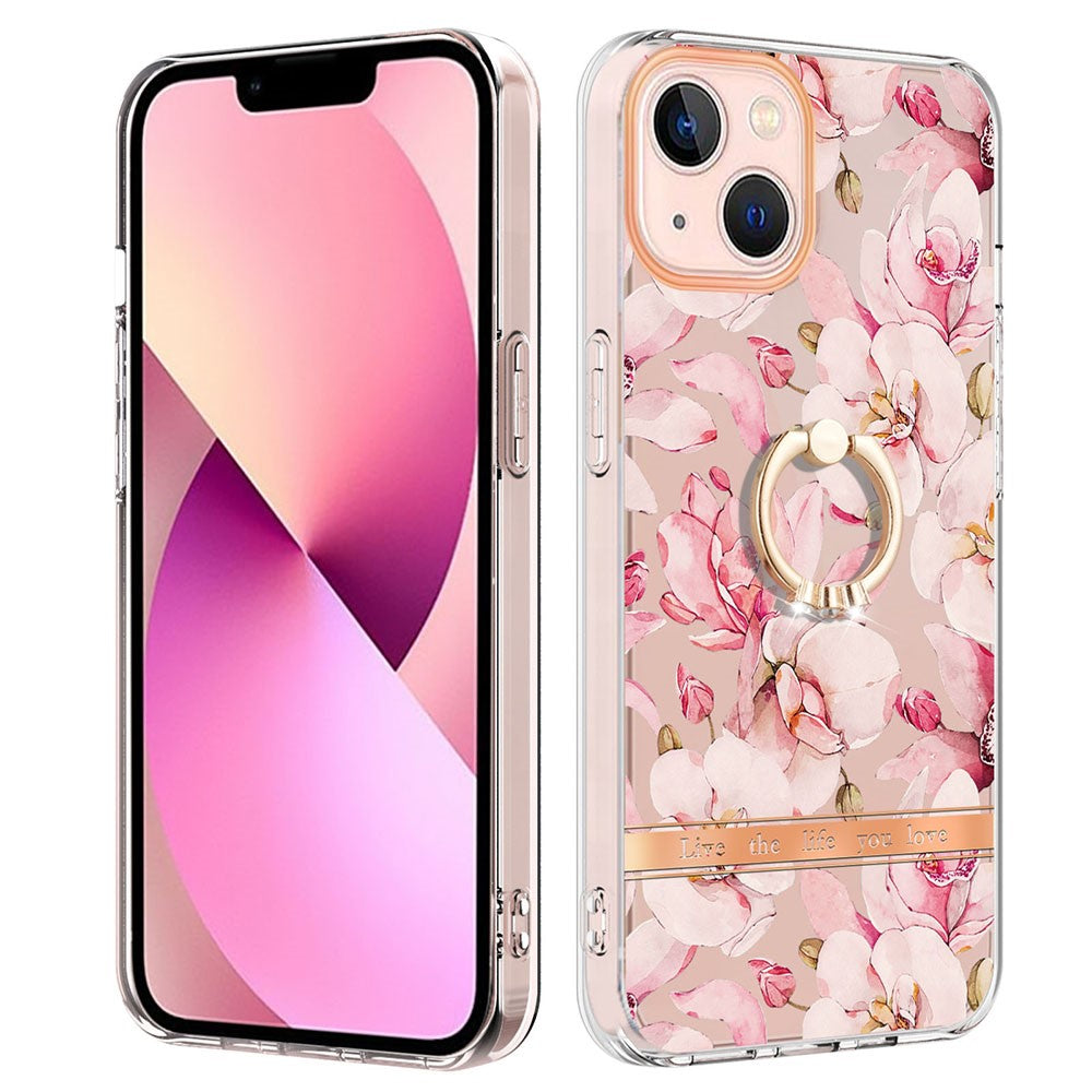 Til iPhone 14 Bagcover med Ringstøtte Blomstermønster Galvanisering TPU-etui