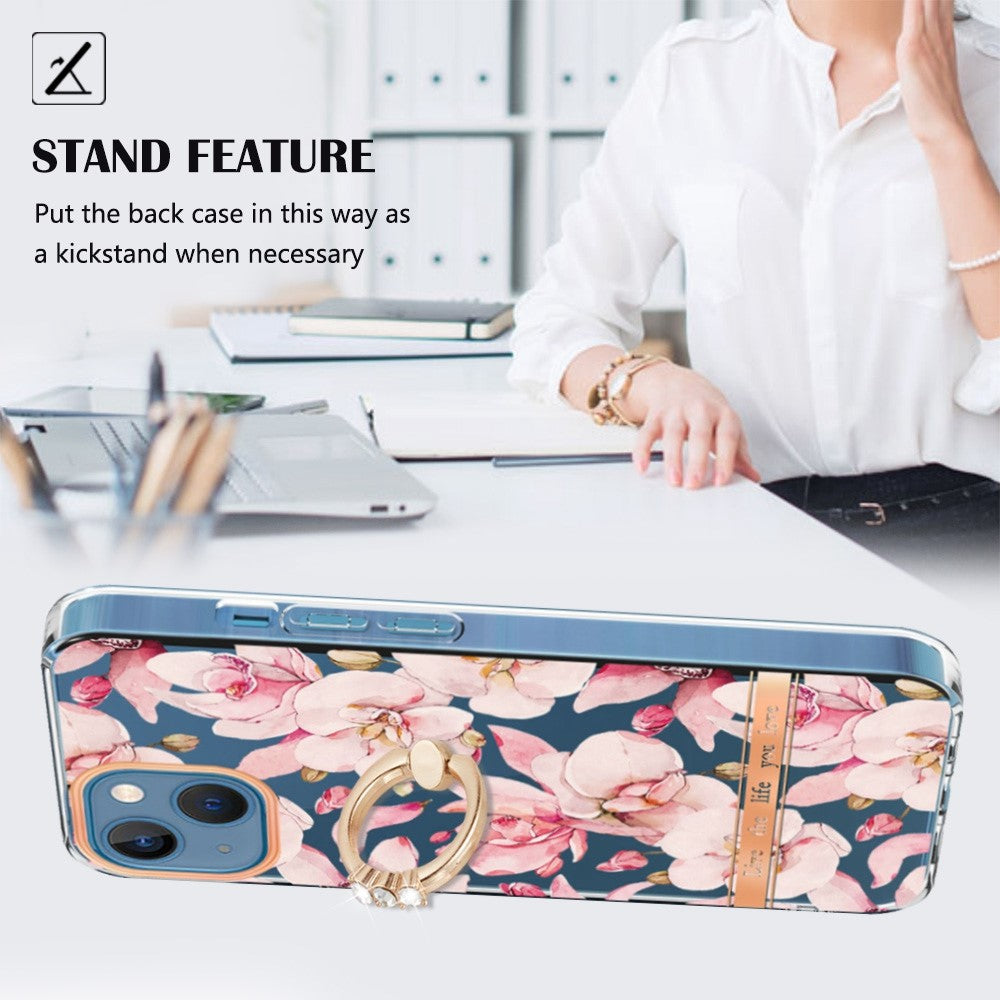 Til iPhone 14 Bagcover med Ringstøtte Blomstermønster Galvanisering TPU-etui