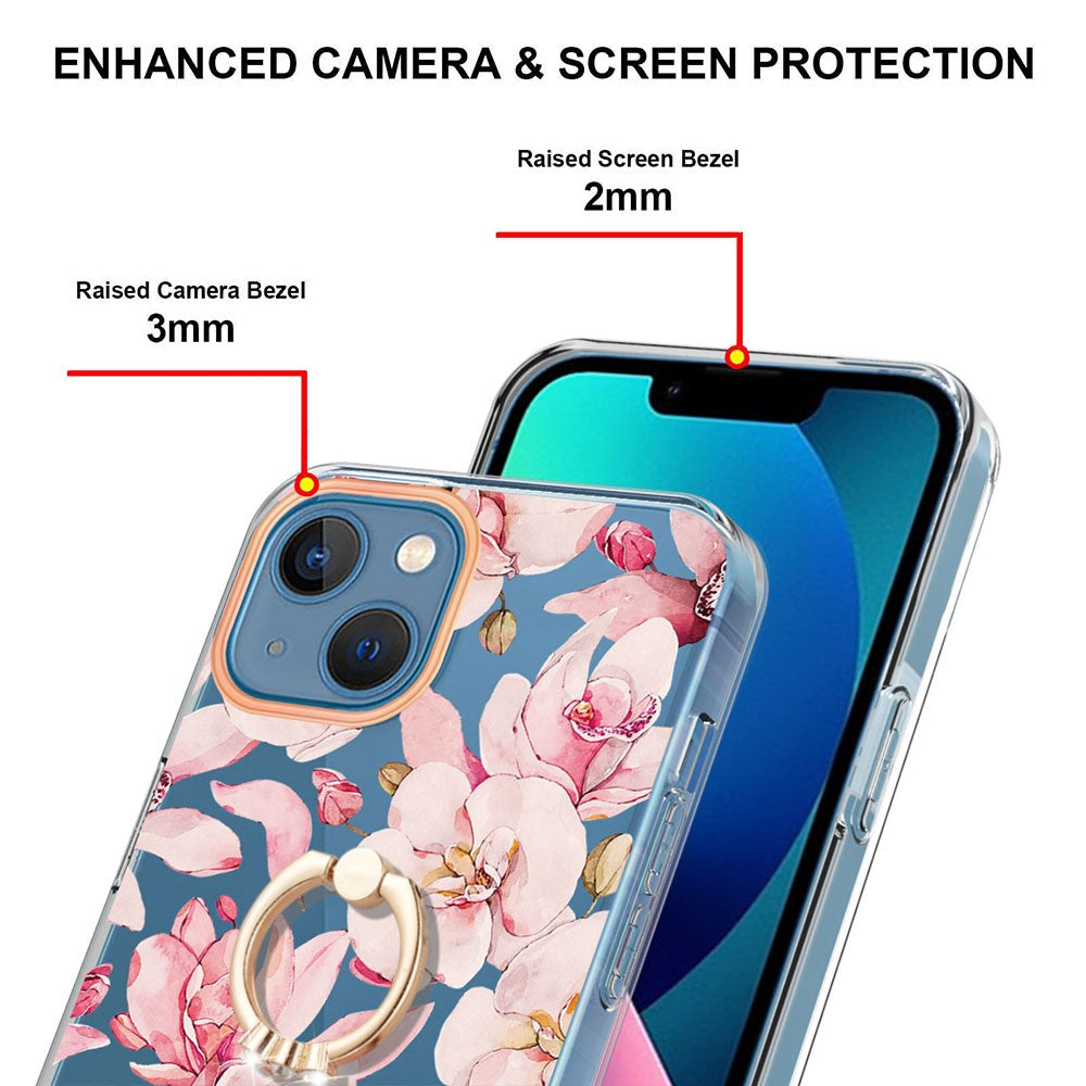 Til iPhone 14 Bagcover med Ringstøtte Blomstermønster Galvanisering TPU-etui