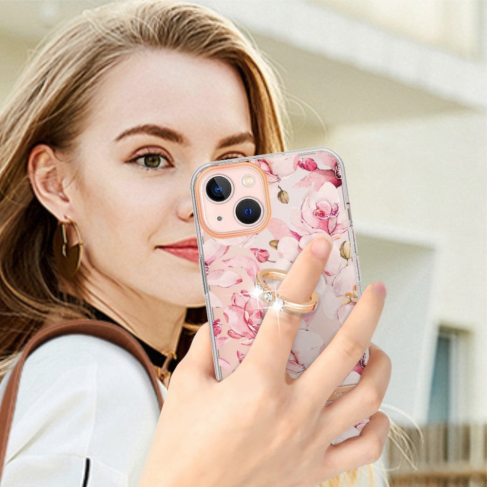 Til iPhone 14 Bagcover med Ringstøtte Blomstermønster Galvanisering TPU-etui