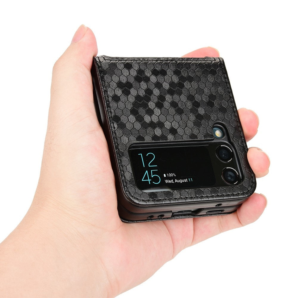 Samsung Galaxy Z Flip4 5G Präglat prickmönster PU-läder Stoppsäkert vikbart mobilskal med kortplats