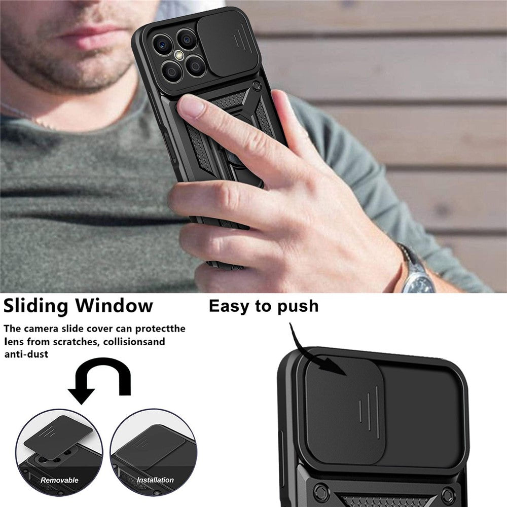 For Honor X8 4G Stødabsorberende mobiltelefon cover Støtteben PC + TPU Hybrid cover Skydelåse til kameralinse Beskyttelses cover