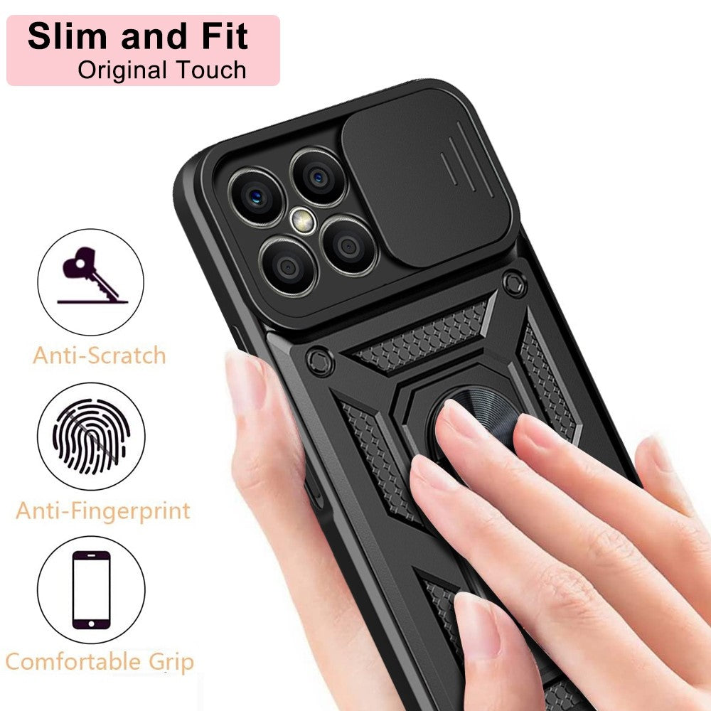 For Honor X8 4G Stødabsorberende mobiltelefon cover Støtteben PC + TPU Hybrid cover Skydelåse til kameralinse Beskyttelses cover