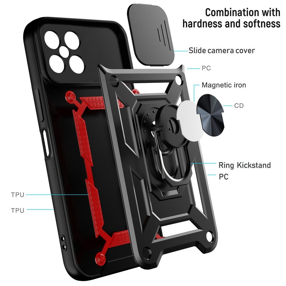 For Honor X8 4G Stødabsorberende mobiltelefon cover Støtteben PC + TPU Hybrid cover Skydelåse til kameralinse Beskyttelses cover