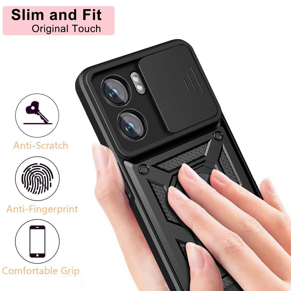 Oppo A77 5G / A57 (2022) 5G Fallskyddande Mobilmobilskal Stativ PC + TPU Hybrid Skal Skjutbart Kameraskydd mobilskal