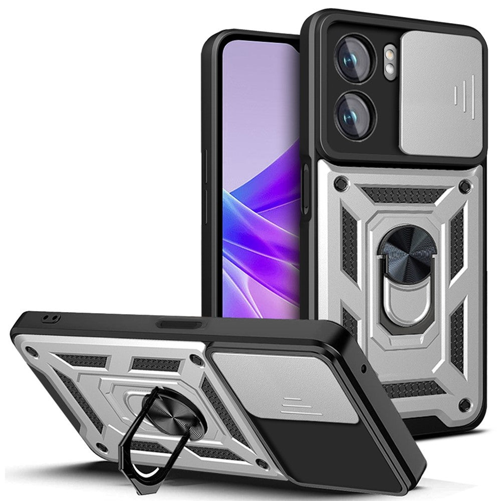 Oppo A77 5G / A57 (2022) 5G Fallskyddande Mobilmobilskal Stativ PC + TPU Hybrid Skal Skjutbart Kameraskydd mobilskal