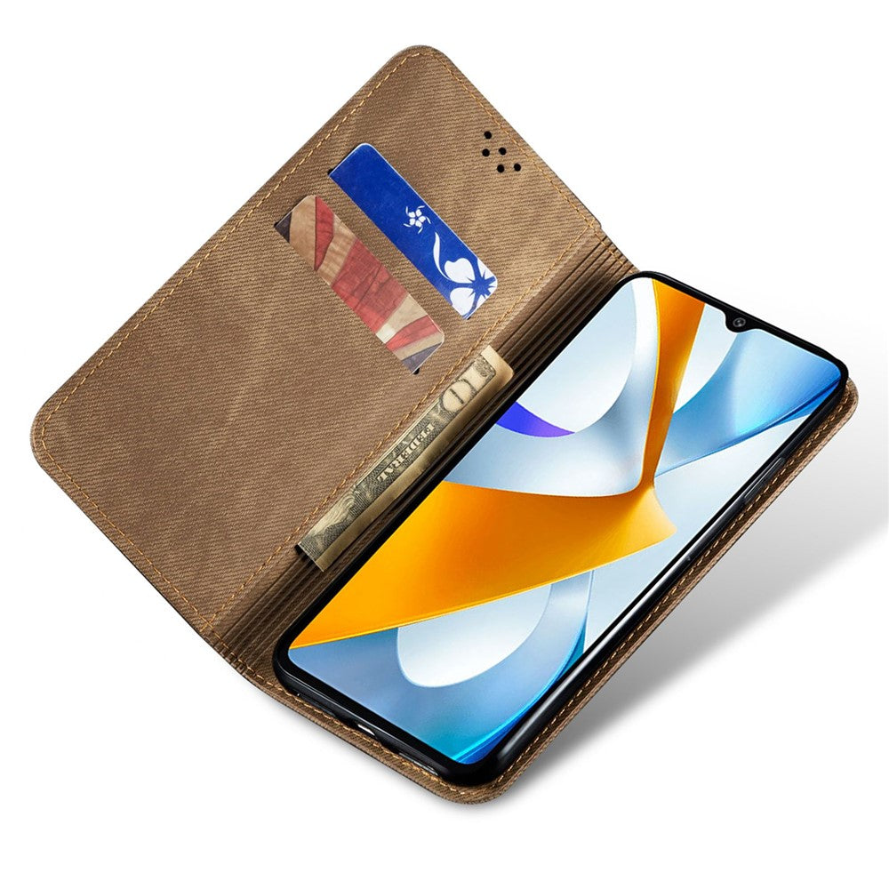 PU Leather Case for Xiaomi Poco M4 5G, Jeans Cloth Texture Magnetic Auto Closing Stand Wallet Phone Shell