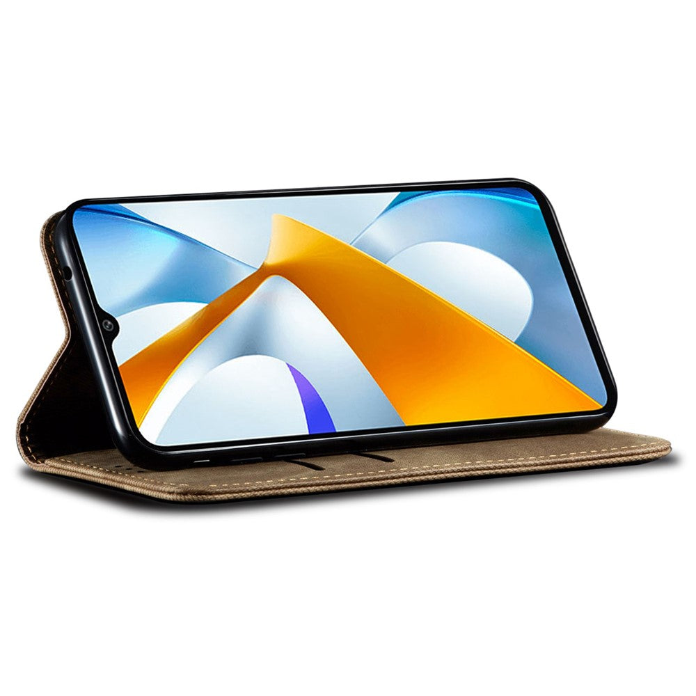 PU Leather Case for Xiaomi Poco M4 5G, Jeans Cloth Texture Magnetic Auto Closing Stand Wallet Phone Shell