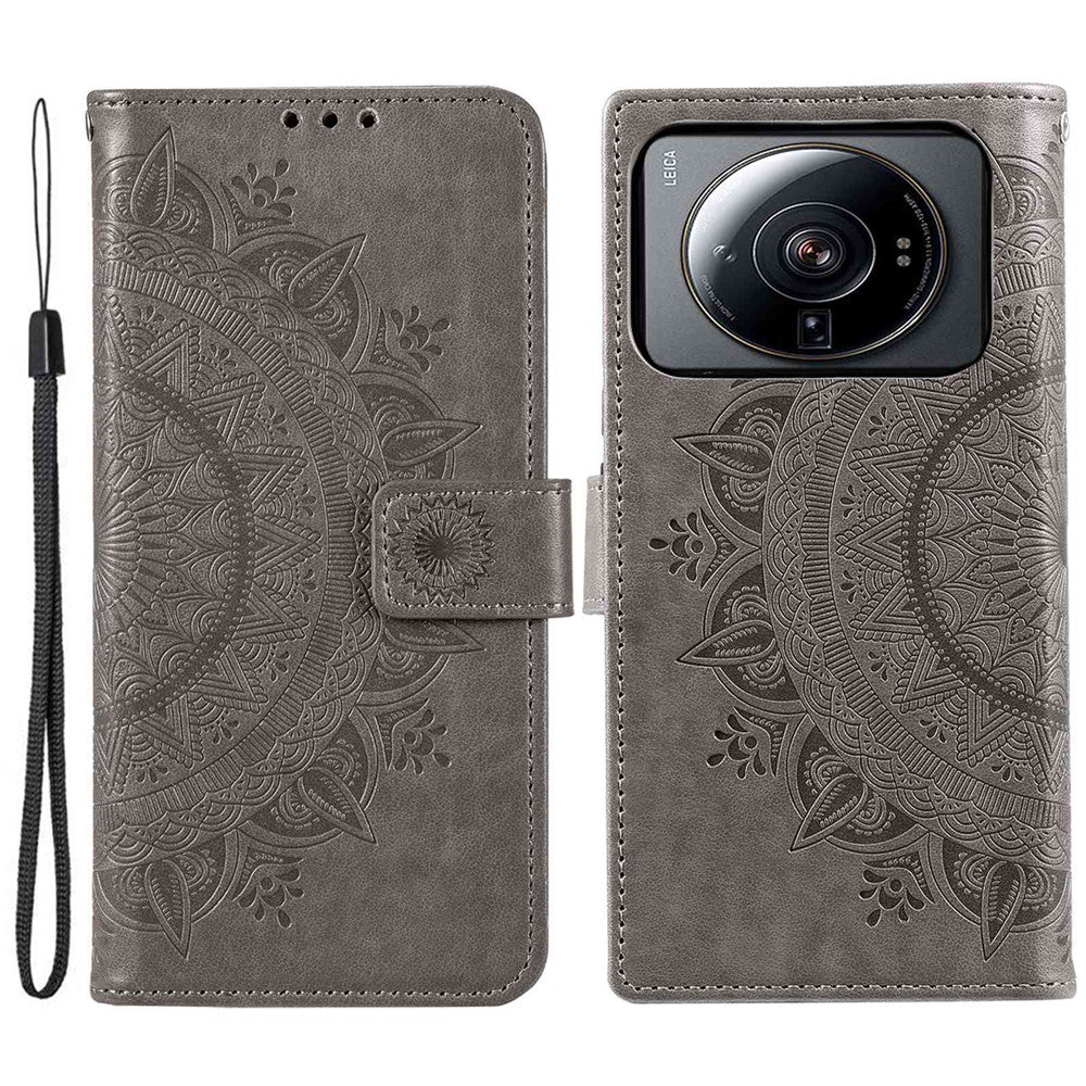 For Xiaomi 12S Ultra 5G Mandala Flower Pattern Imprinted PU Leather Hand Strap Design Magnetic Anti-fall Cover Stand Wallet Style Case