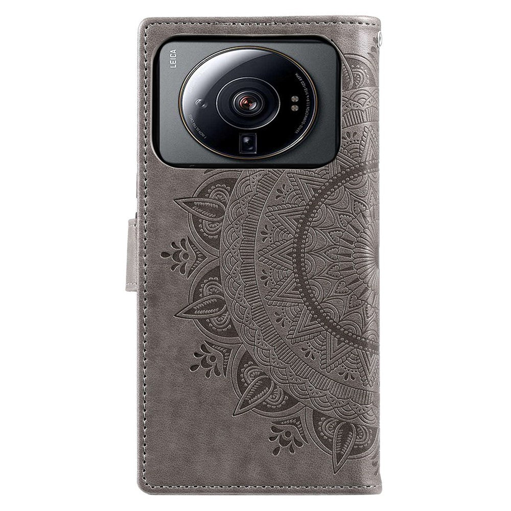 For Xiaomi 12S Ultra 5G Mandala Flower Pattern Imprinted PU Leather Hand Strap Design Magnetic Anti-fall Cover Stand Wallet Style Case