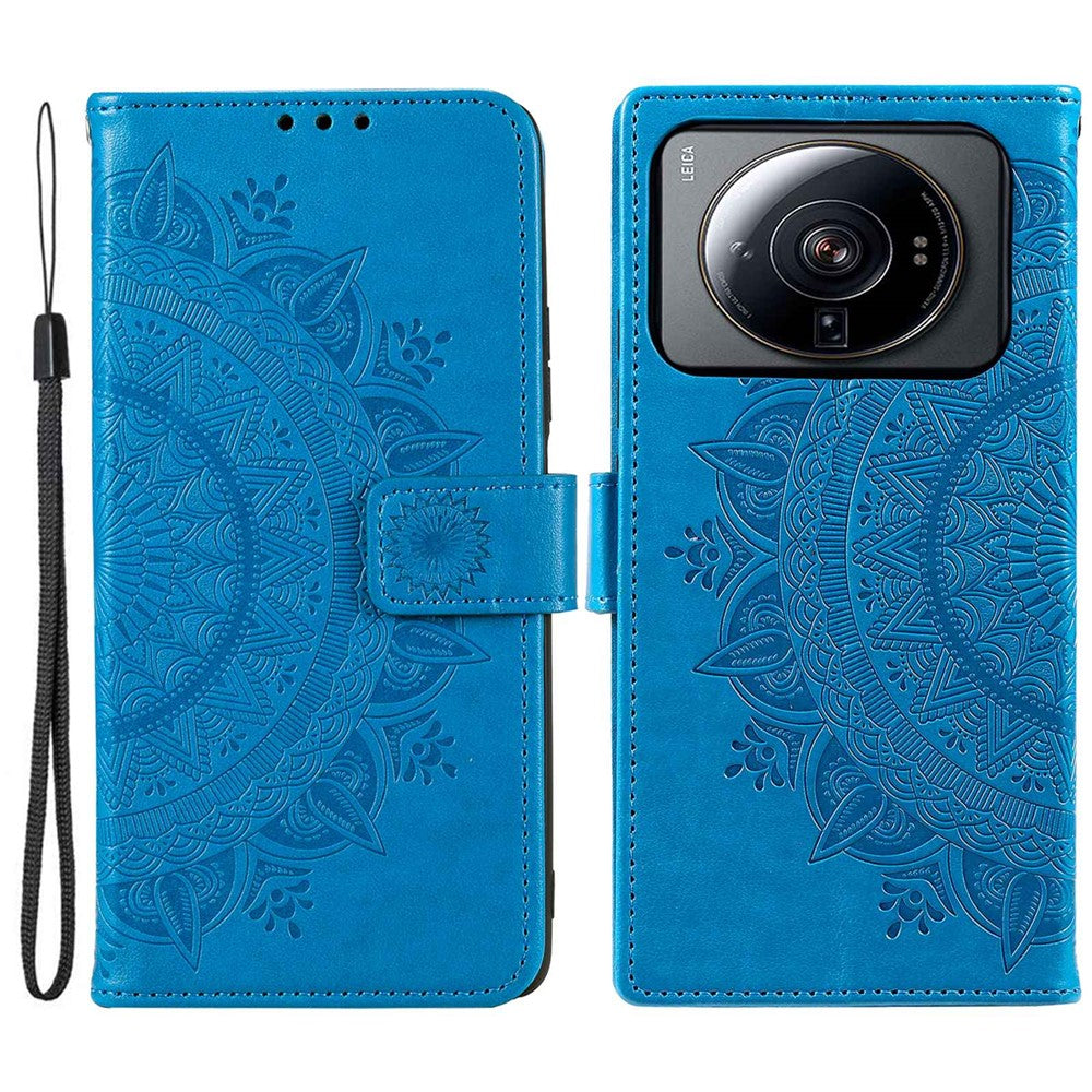 For Xiaomi 12S Ultra 5G Mandala Flower Pattern Imprinted PU Leather Hand Strap Design Magnetic Anti-fall Cover Stand Wallet Style Case