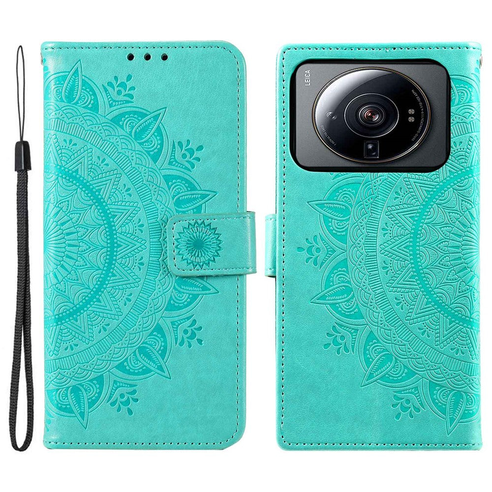 For Xiaomi 12S Ultra 5G Mandala Flower Pattern Imprinted PU Leather Hand Strap Design Magnetic Anti-fall Cover Stand Wallet Style Case
