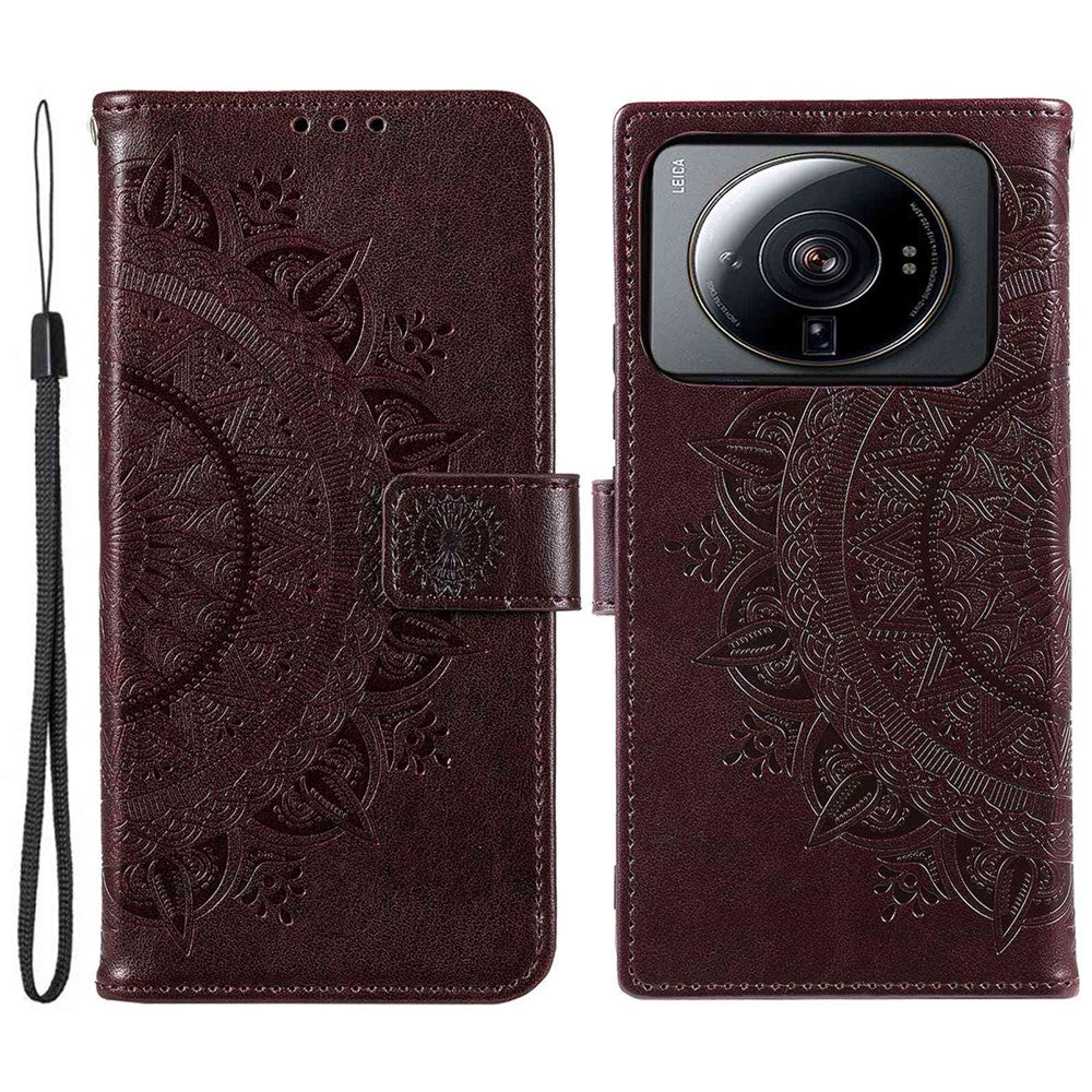 For Xiaomi 12S Ultra 5G Mandala Flower Pattern Imprinted PU Leather Hand Strap Design Magnetic Anti-fall Cover Stand Wallet Style Case