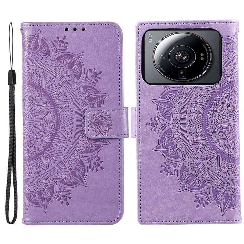 For Xiaomi 12S Ultra 5G Mandala Flower Pattern Imprinted PU Leather Hand Strap Design Magnetic Anti-fall Cover Stand Wallet Style Case