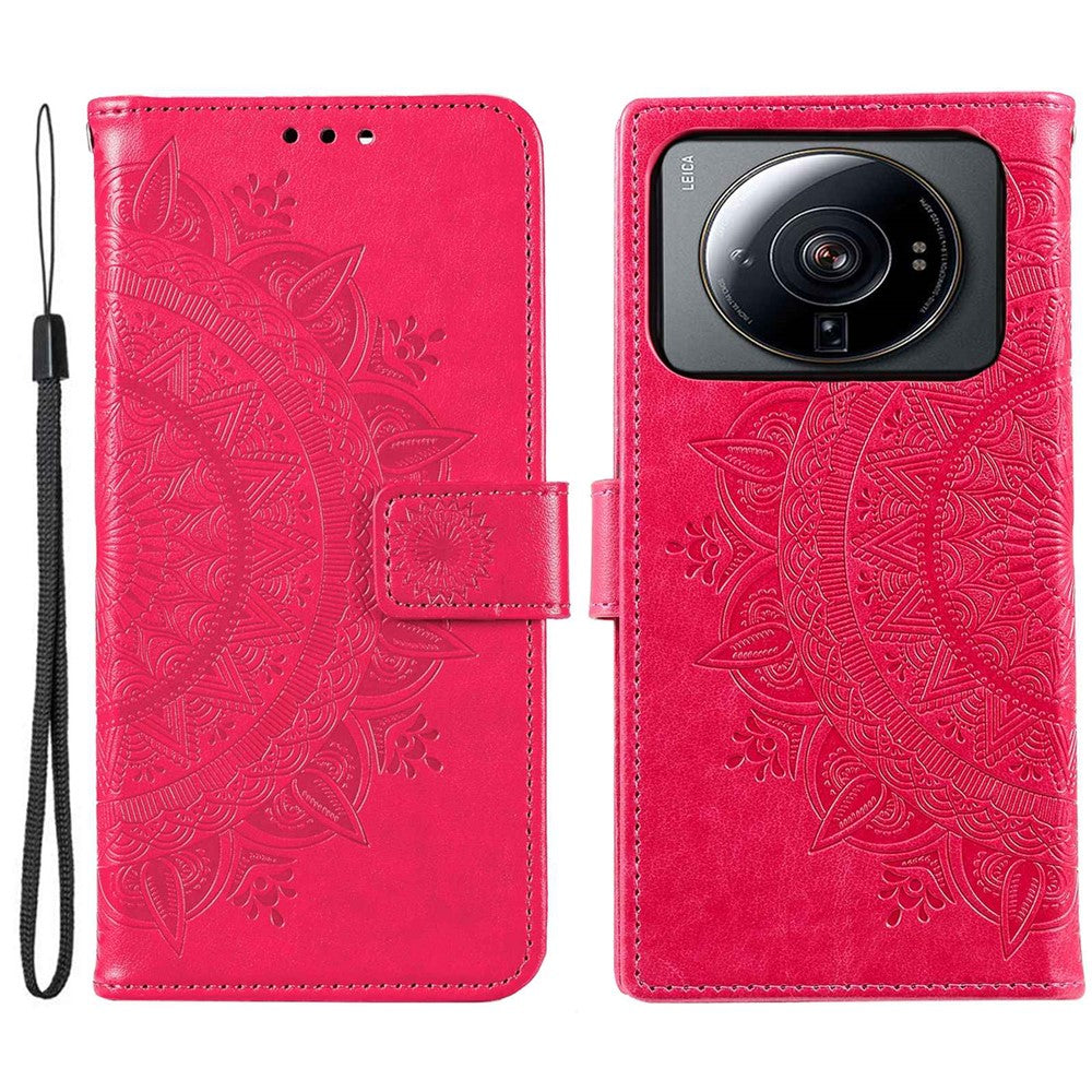 For Xiaomi 12S Ultra 5G Mandala Flower Pattern Imprinted PU Leather Hand Strap Design Magnetic Anti-fall Cover Stand Wallet Style Case