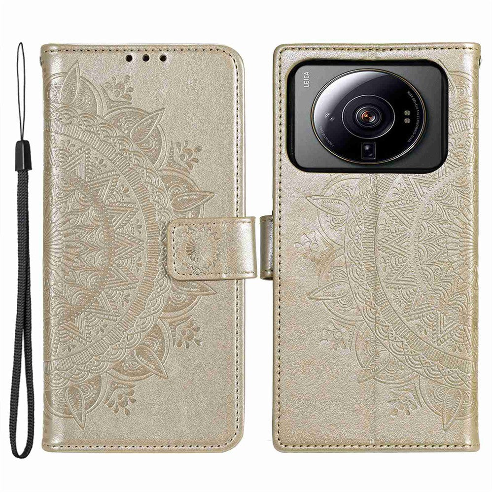 For Xiaomi 12S Ultra 5G Mandala Flower Pattern Imprinted PU Leather Hand Strap Design Magnetic Anti-fall Cover Stand Wallet Style Case