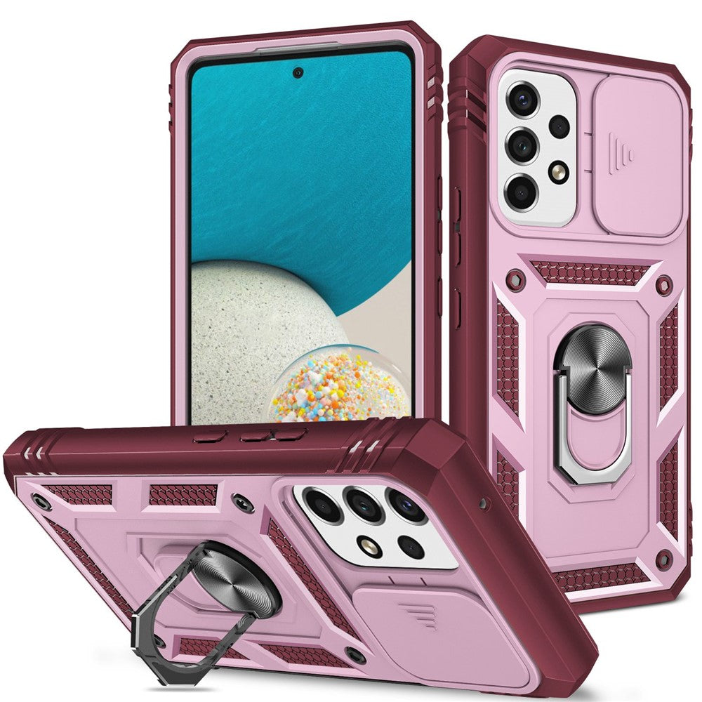 Samsung Galaxy A53 5G-mobilcover med kamera-skydedørsdesign, hård PC, blød TPU, Defender-stativcover med kortplads