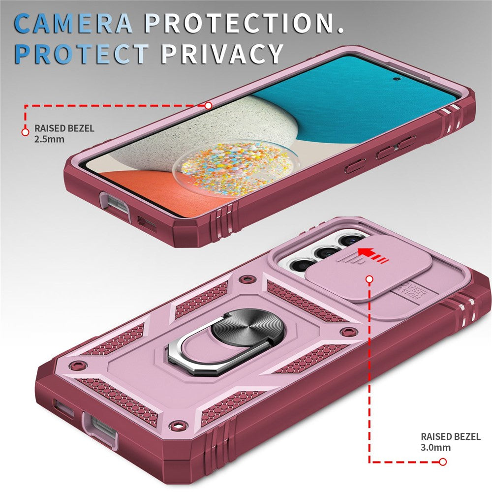 Samsung Galaxy A53 5G-mobilcover med kamera-skydedørsdesign, hård PC, blød TPU, Defender-stativcover med kortplads