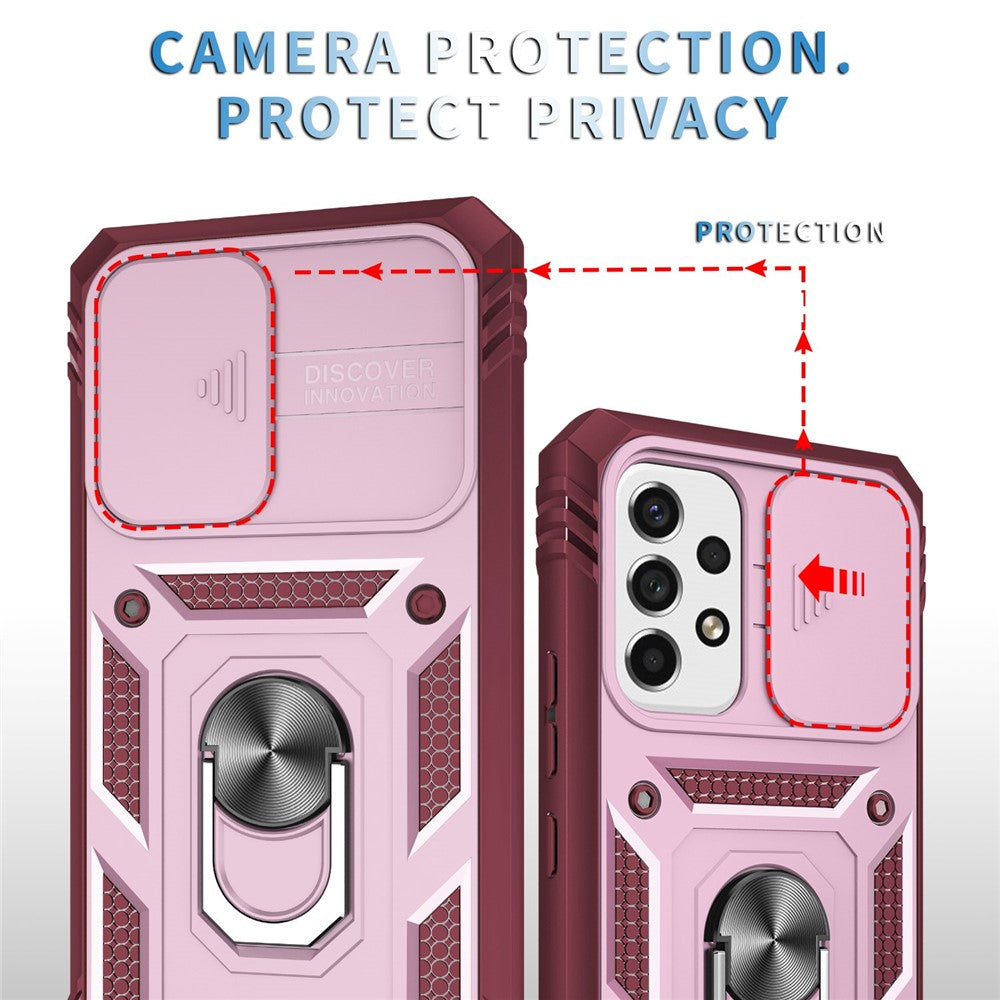 Samsung Galaxy A53 5G-mobilcover med kamera-skydedørsdesign, hård PC, blød TPU, Defender-stativcover med kortplads