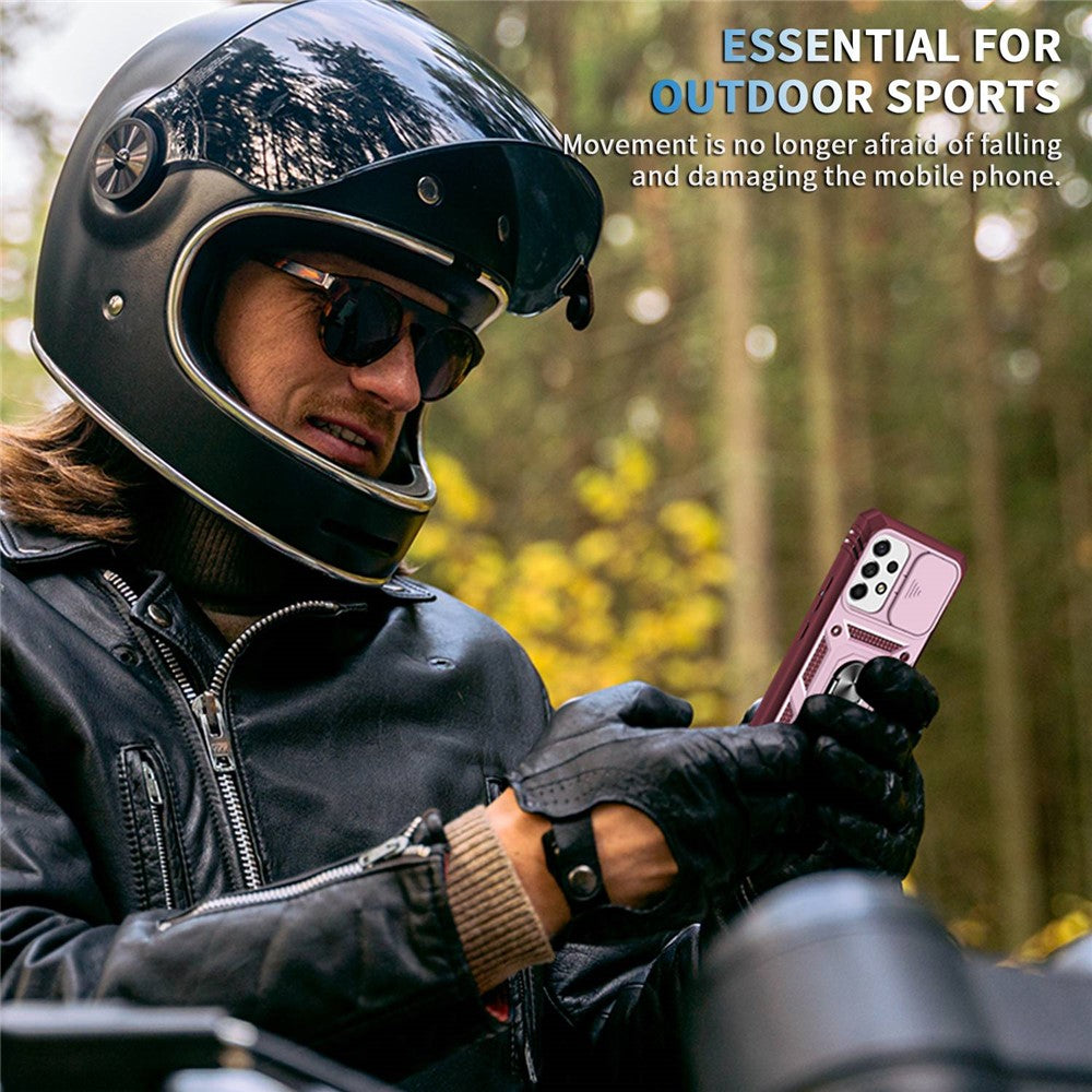 Samsung Galaxy A53 5G-mobilcover med kamera-skydedørsdesign, hård PC, blød TPU, Defender-stativcover med kortplads