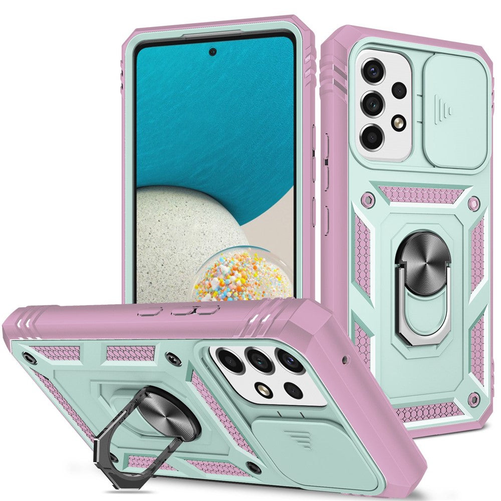 Samsung Galaxy A53 5G-mobilcover med kamera-skydedørsdesign, hård PC, blød TPU, Defender-stativcover med kortplads