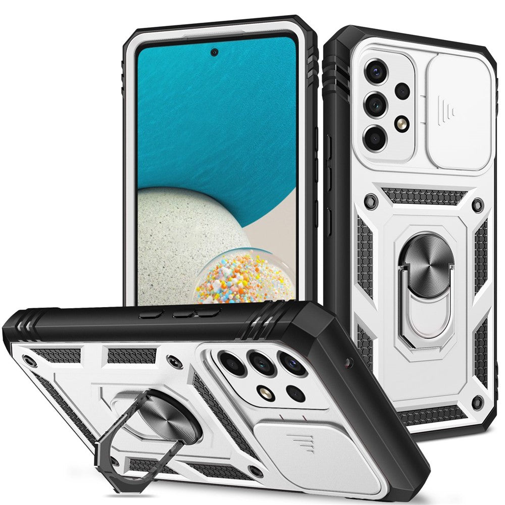 Samsung Galaxy A53 5G-mobilcover med kamera-skydedørsdesign, hård PC, blød TPU, Defender-stativcover med kortplads