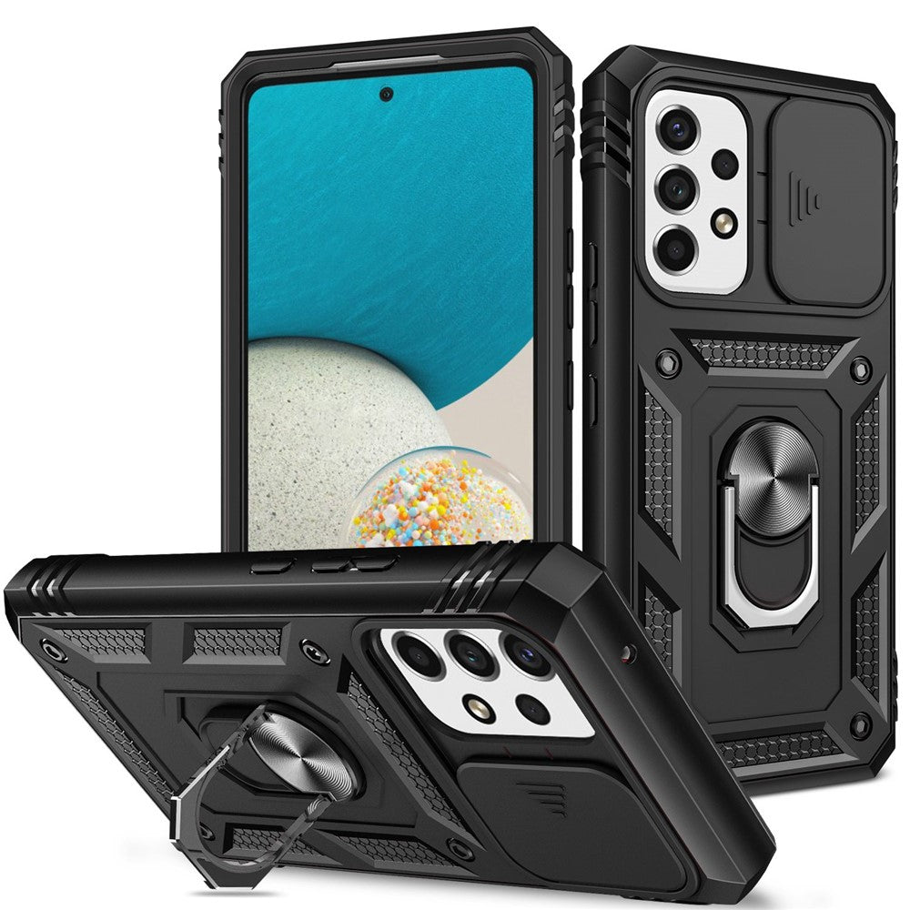 Samsung Galaxy A53 5G-mobilcover med kamera-skydedørsdesign, hård PC, blød TPU, Defender-stativcover med kortplads
