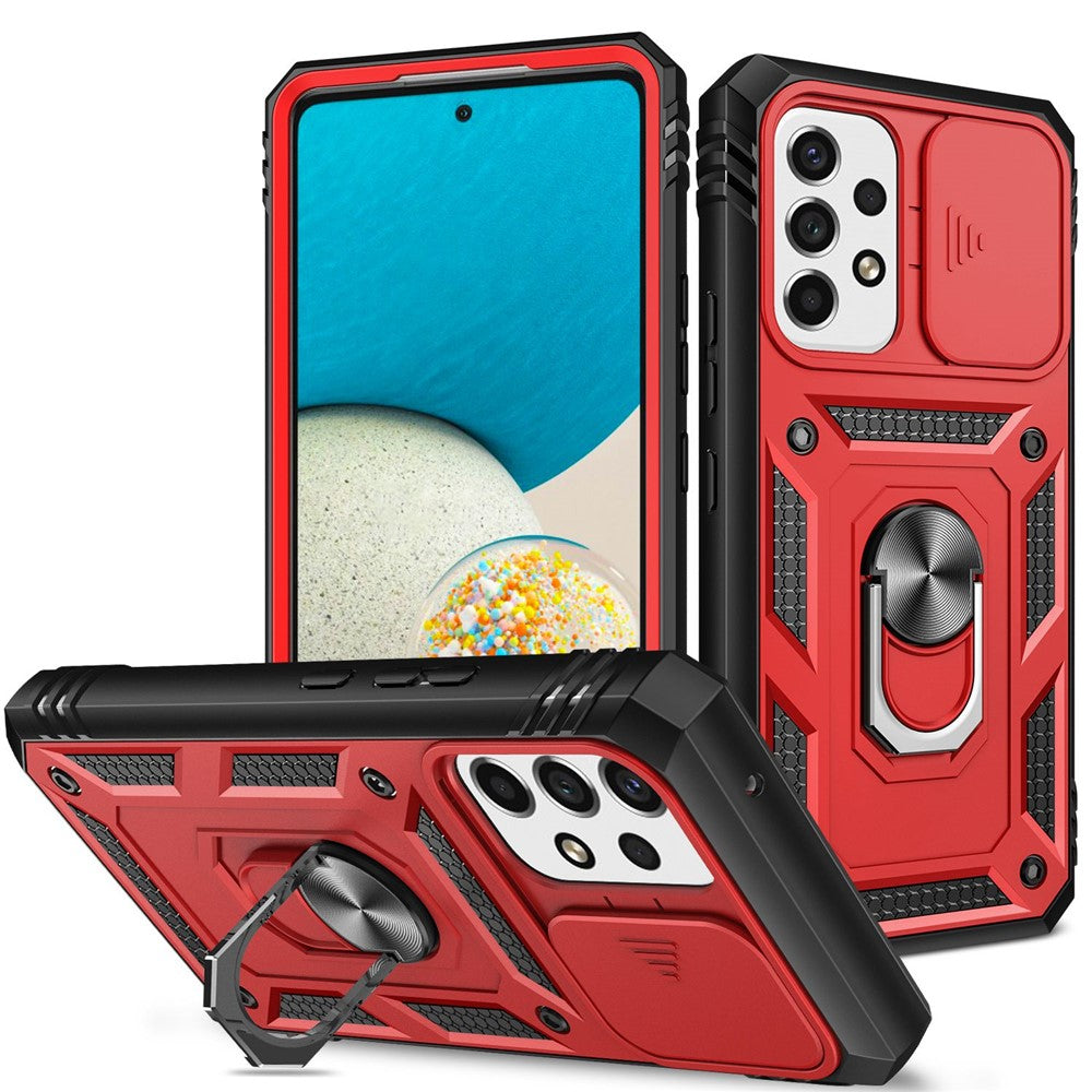 Samsung Galaxy A53 5G-mobilcover med kamera-skydedørsdesign, hård PC, blød TPU, Defender-stativcover med kortplads