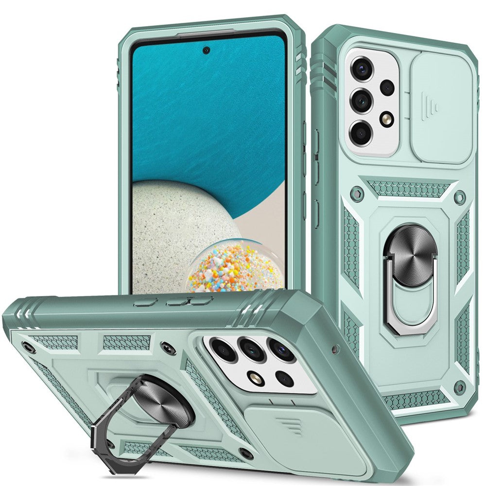 Samsung Galaxy A53 5G-mobilcover med kamera-skydedørsdesign, hård PC, blød TPU, Defender-stativcover med kortplads