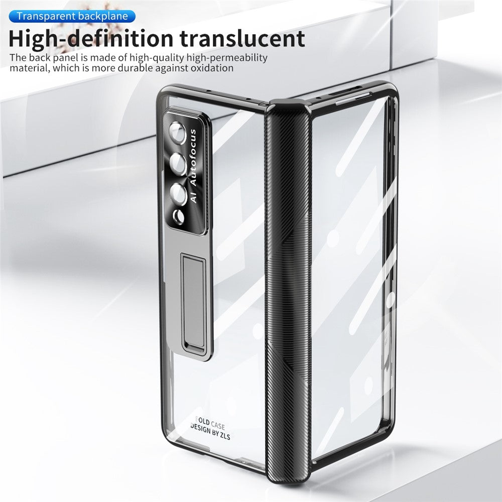 For Samsung Galaxy Z Fold4 5G Hinge + Stylus Pen Design Electroplating Hard PC Kickstand Function Phone Case with Tempered Glass Screen Protector