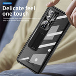 For Samsung Galaxy Z Fold4 5G Hinge + Stylus Pen Design Electroplating Hard PC Kickstand Function Phone Case with Tempered Glass Screen Protector