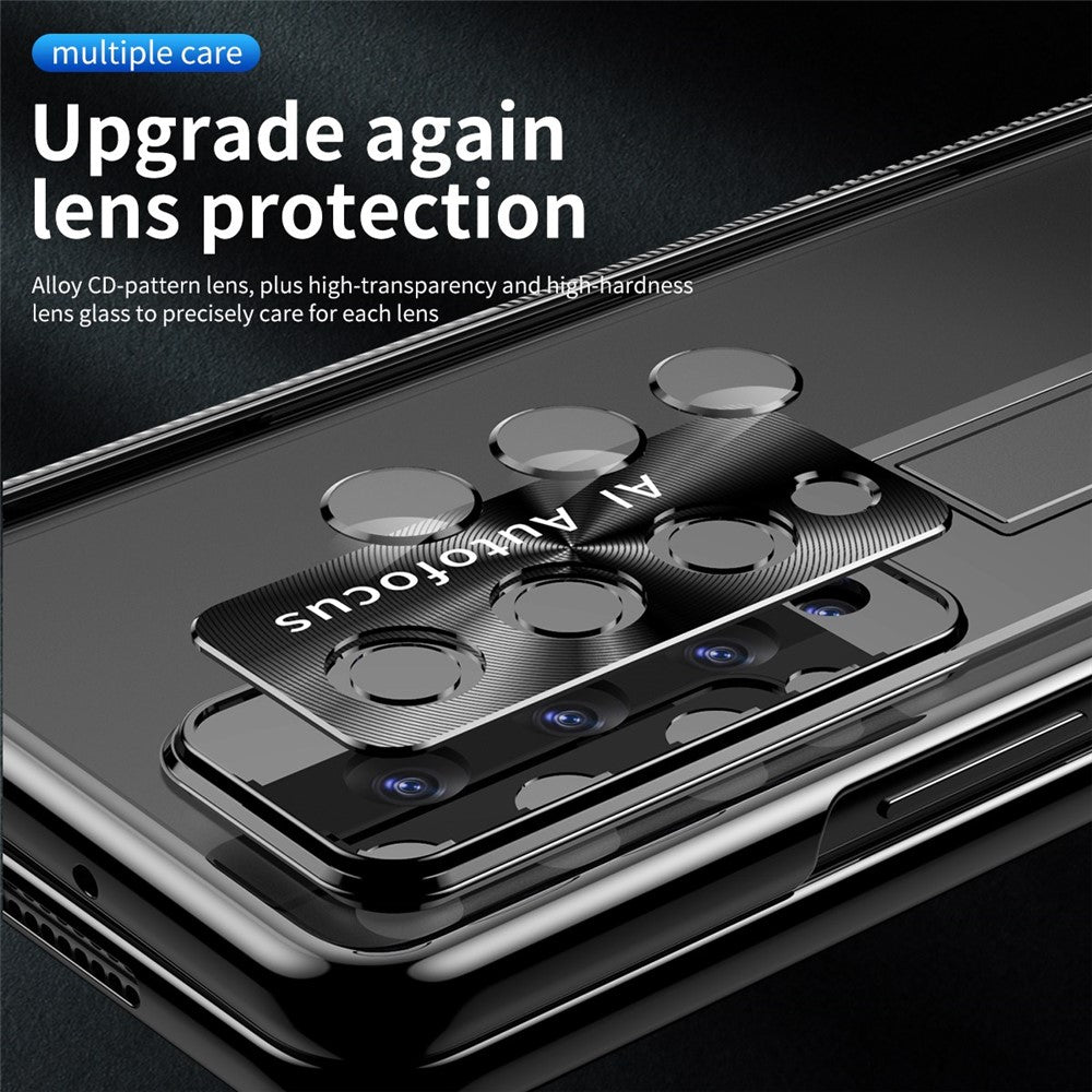 For Samsung Galaxy Z Fold4 5G Hinge + Stylus Pen Design Electroplating Hard PC Kickstand Function Phone Case with Tempered Glass Screen Protector