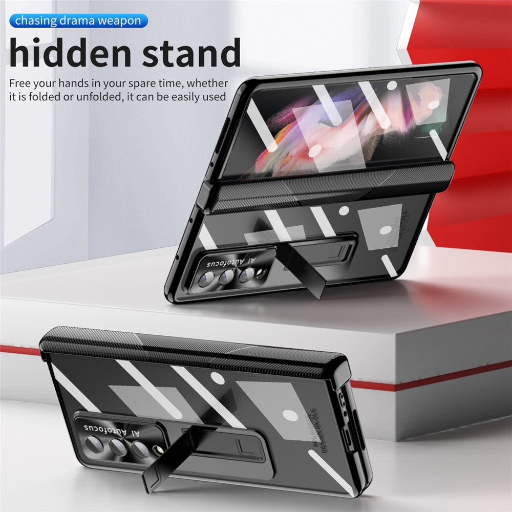 For Samsung Galaxy Z Fold4 5G Hinge + Stylus Pen Design Electroplating Hard PC Kickstand Function Phone Case with Tempered Glass Screen Protector