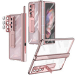 For Samsung Galaxy Z Fold4 5G Hinge + Stylus Pen Design Electroplating Hard PC Kickstand Function Phone Case with Tempered Glass Screen Protector