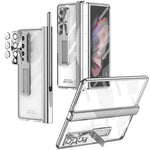 For Samsung Galaxy Z Fold4 5G Hinge + Stylus Pen Design Electroplating Hard PC Kickstand Function Phone Case with Tempered Glass Screen Protector