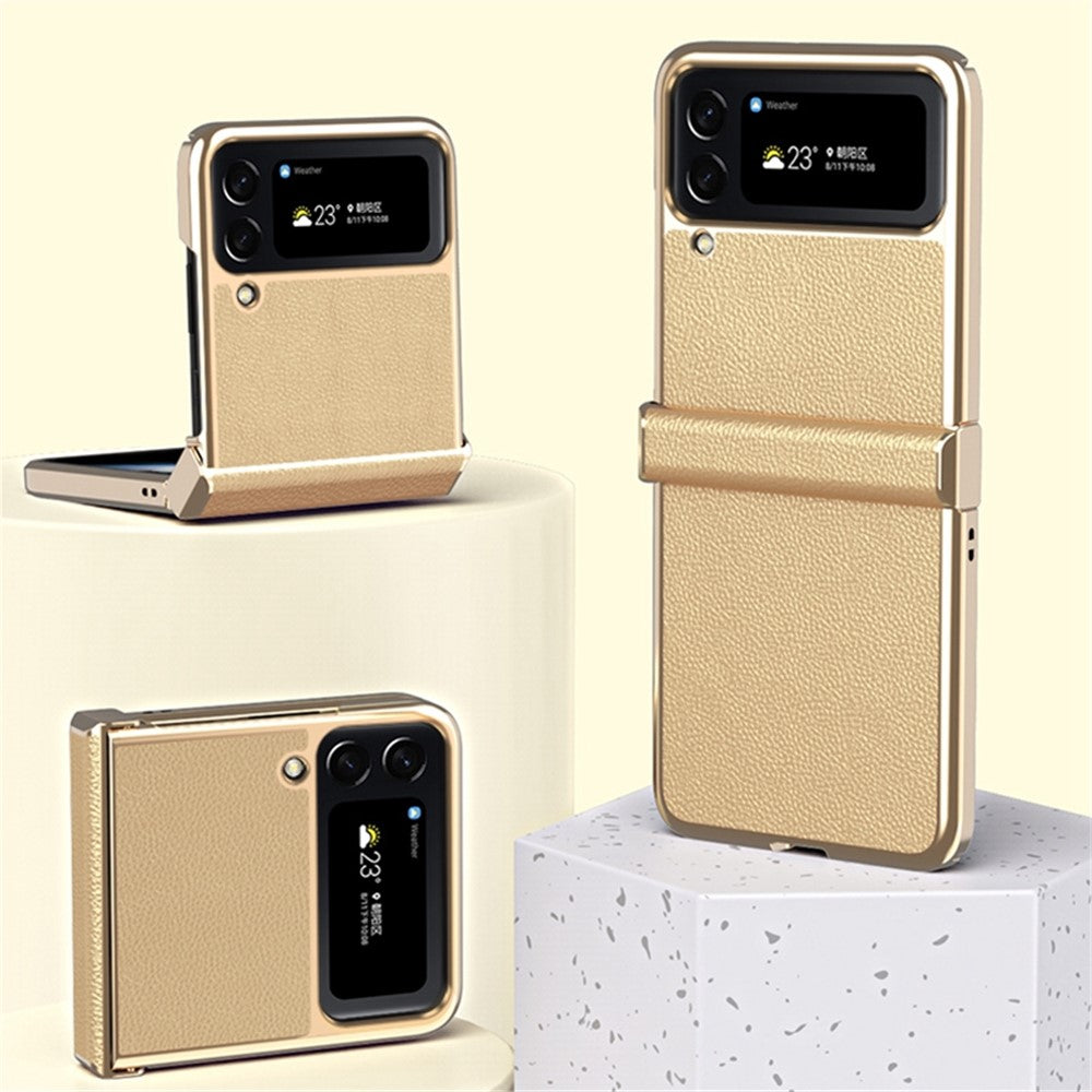 For Samsung Galaxy Z Flip4 5G Litchi Texture Metal Frame PU Leather + PC Back Cover Anti-fingerprint Phone Case