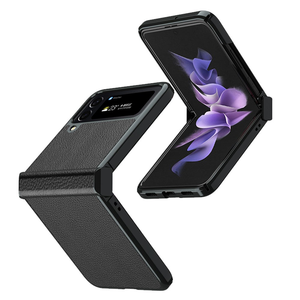 For Samsung Galaxy Z Flip4 5G Litchi Texture Metal Frame PU Leather + PC Back Cover Anti-fingerprint Phone Case