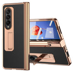 For Samsung Galaxy Z Fold4 5G Hinge Protection Anti-fall PU Leather + Hard PC Shell Electroplating Kickstand Cover with Built-in Tempered Glass Screen Protector and S Pen