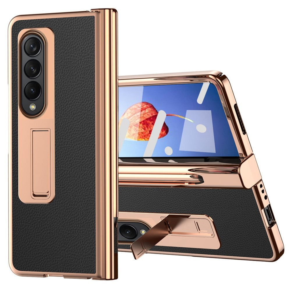For Samsung Galaxy Z Fold4 5G Hinge Protection Anti-fall PU Leather + Hard PC Shell Electroplating Kickstand Cover with Built-in Tempered Glass Screen Protector and S Pen