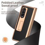 For Samsung Galaxy Z Fold4 5G Hinge Protection Anti-fall PU Leather + Hard PC Shell Electroplating Kickstand Cover with Built-in Tempered Glass Screen Protector and S Pen