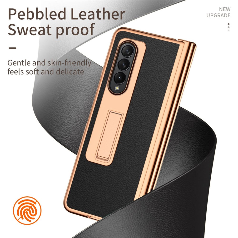 For Samsung Galaxy Z Fold4 5G Hinge Protection Anti-fall PU Leather + Hard PC Shell Electroplating Kickstand Cover with Built-in Tempered Glass Screen Protector and S Pen